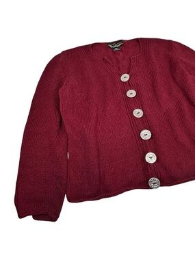 Rey Wear Hand Knit Cotton Chunky Cardigan Sz XL Burgundy Ornate Buttons Cottage